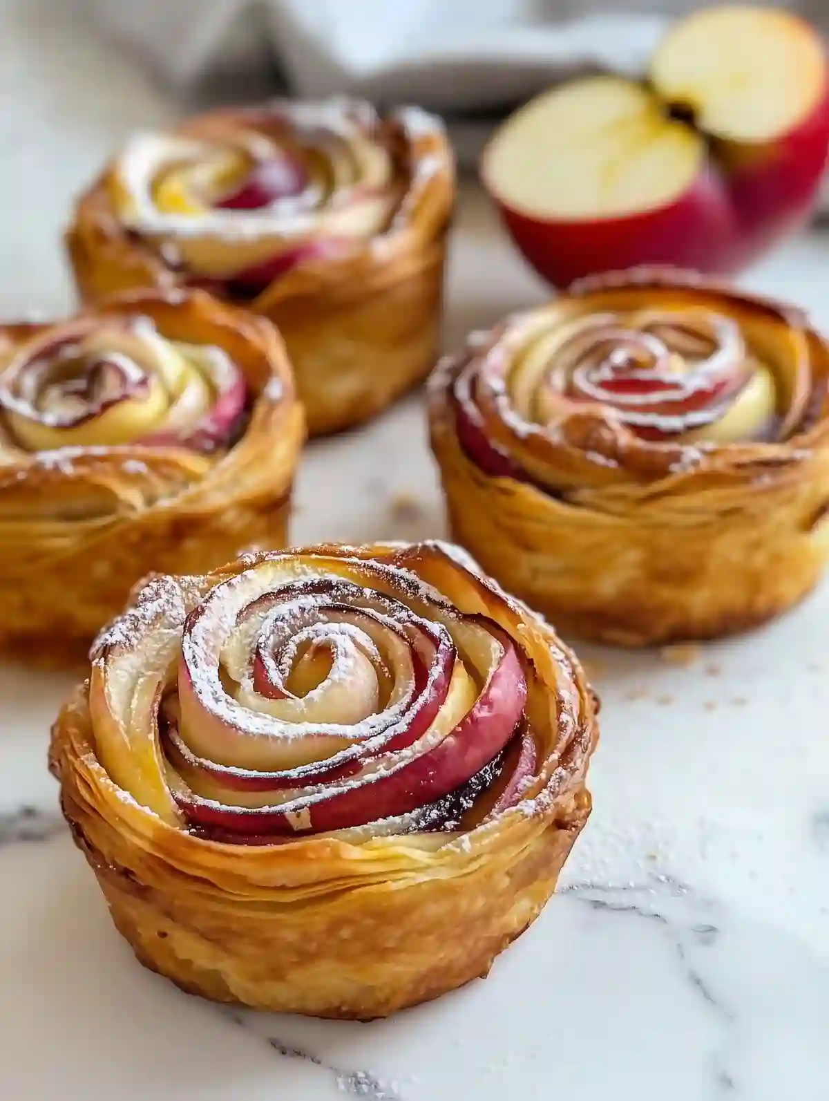 Five apple rosettes with sliced apples on flaky pastry, dusted with powdered sugar.
