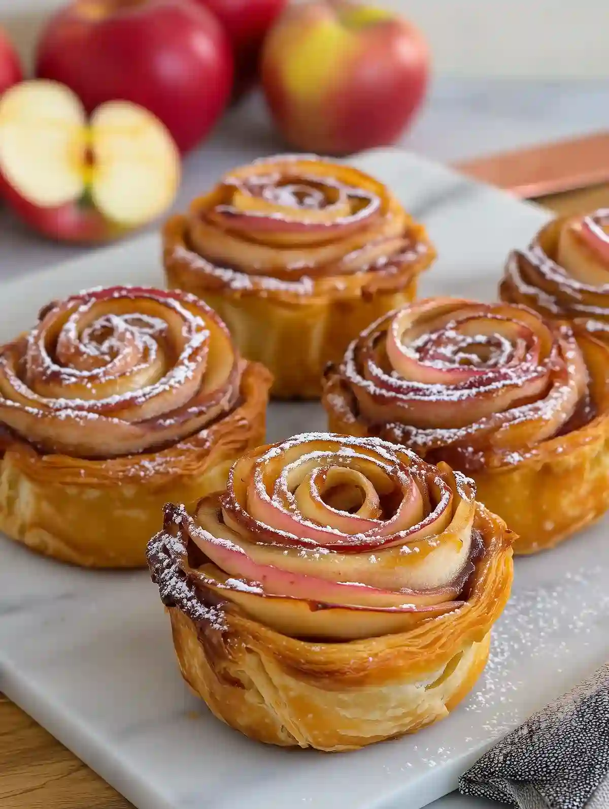 Five apple rosettes with powdered sugar on marble, garnished with apples and a spoon