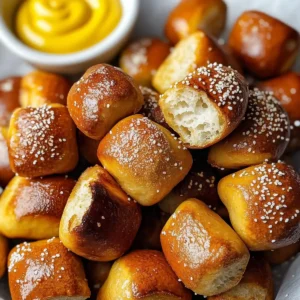 Sourdough pretzel bites with sesame and mustard on a marble surface.