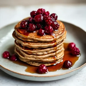 Stack of einkorn pancakes with berries and syrup on a white marble surface