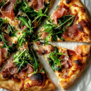 Pizza with prosciutto, arugula, and melted cheese on a marble surface.
