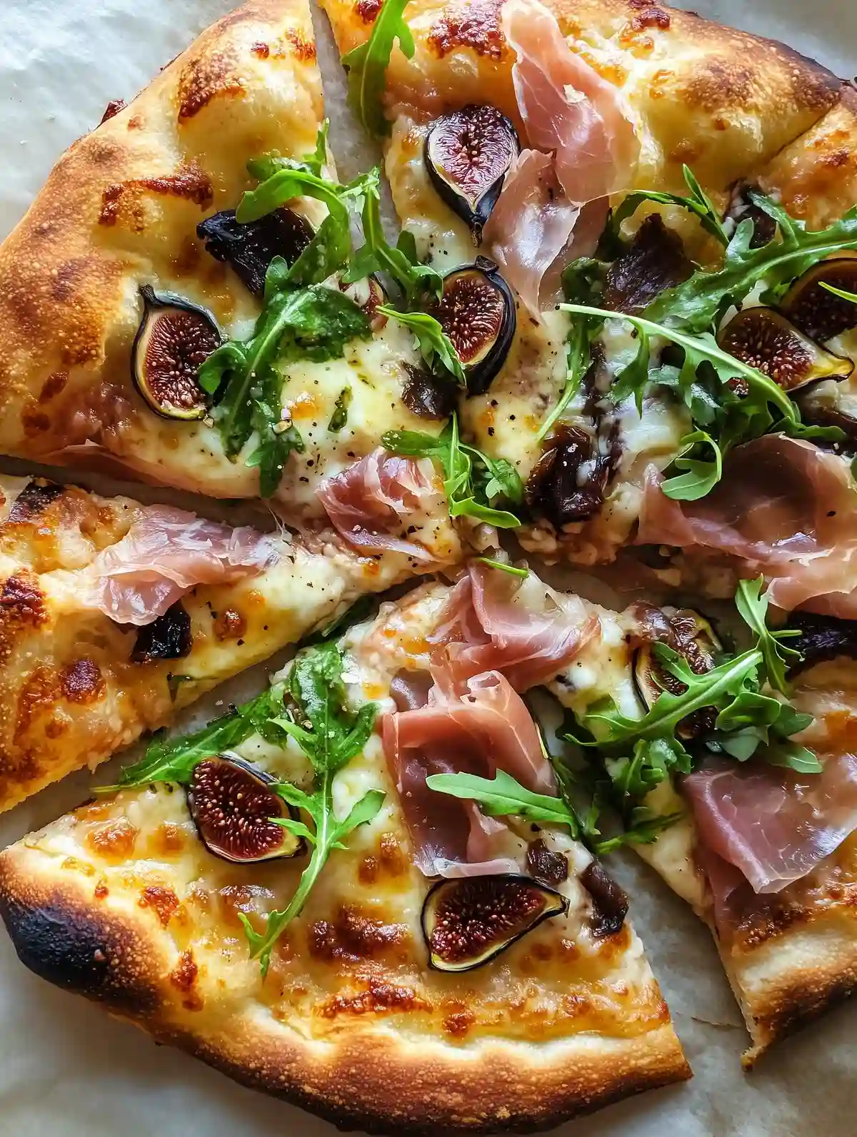 Sliced fig and prosciutto pizza with mozzarella, arugula on marble surface