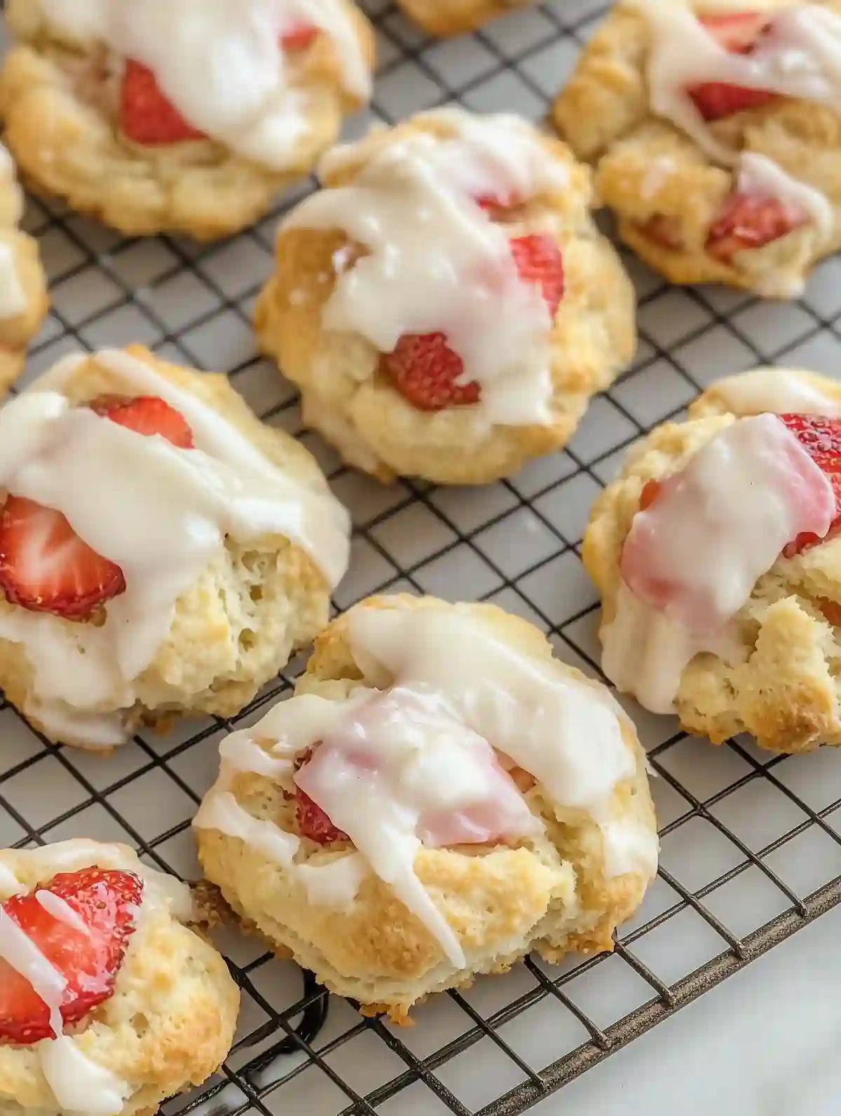 Golden strawberry biscuits cooling on a wire rack, drizzled with icing.