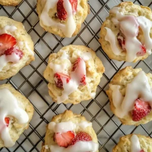 Golden strawberry biscuits cooling on a wire rack, drizzled with icing.