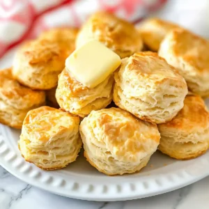 Close-up of golden-brown biscuits with buttery spread on a marble surface.