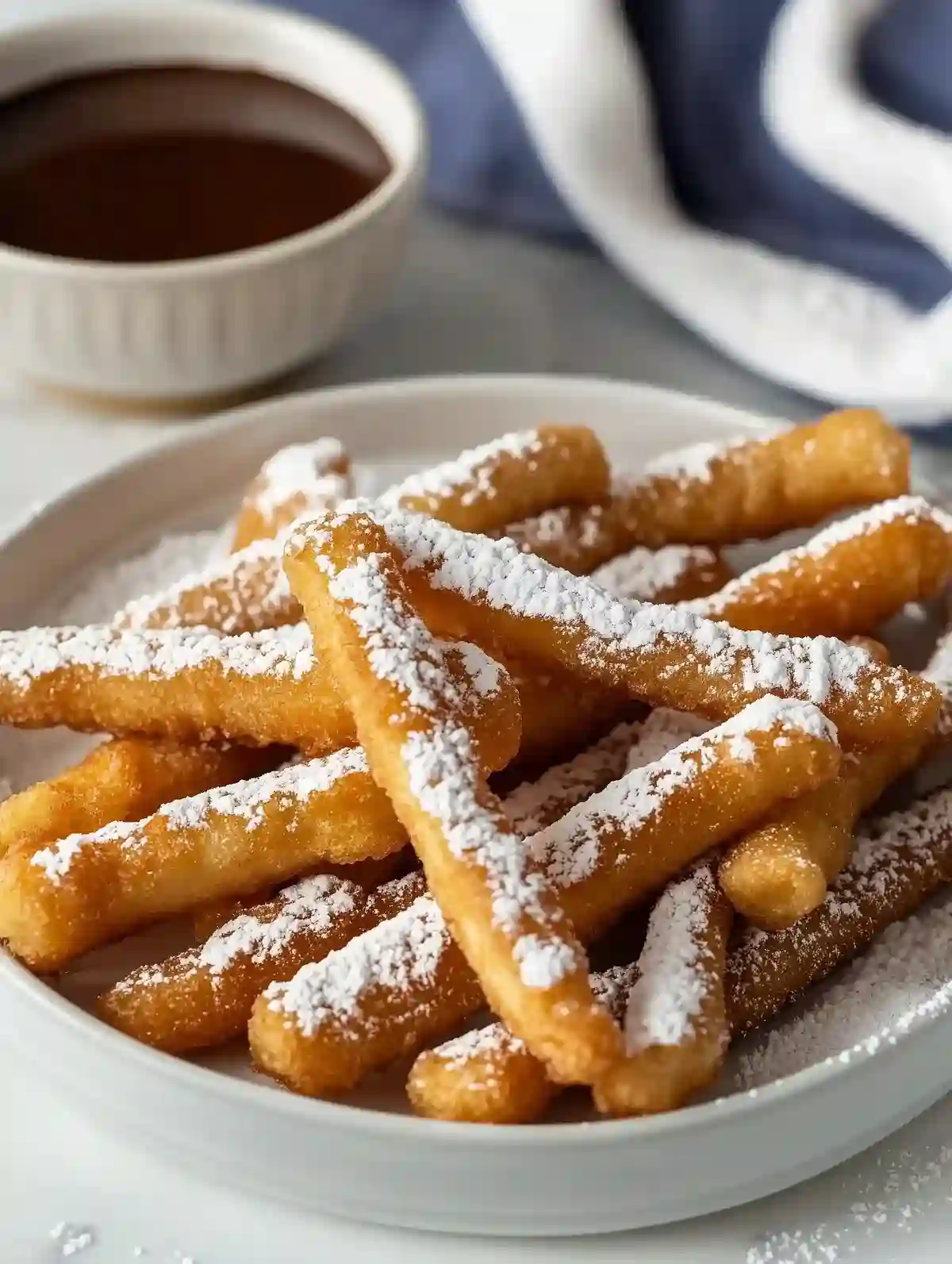 Funnel cake fries with powdered sugar and chocolate dipping sauce on marble