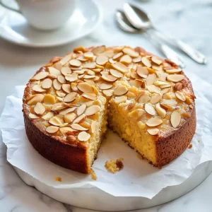 Round almond cake with toasted almond slices, slice cut revealing moist interior.