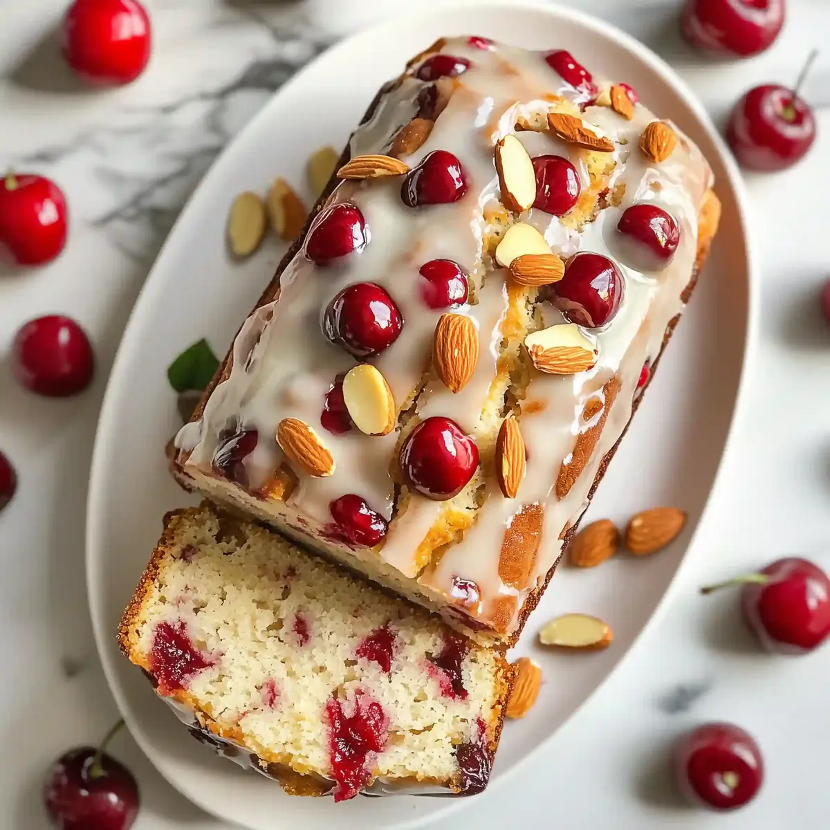 Golden-brown gluten-free almond cherry bread on a white platter.