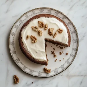 Round gluten-free cake with creamy topping and walnut pieces, slice removed.