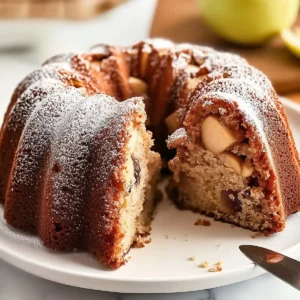 Sliced gluten-free apple bundt cake on a white plate, dusted with sugar.