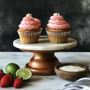 Three gluten-free cupcakes with pink frosting and white pearls on cake stands.
