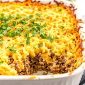 Ground beef hash brown casserole with melted cheddar, parsley garnish