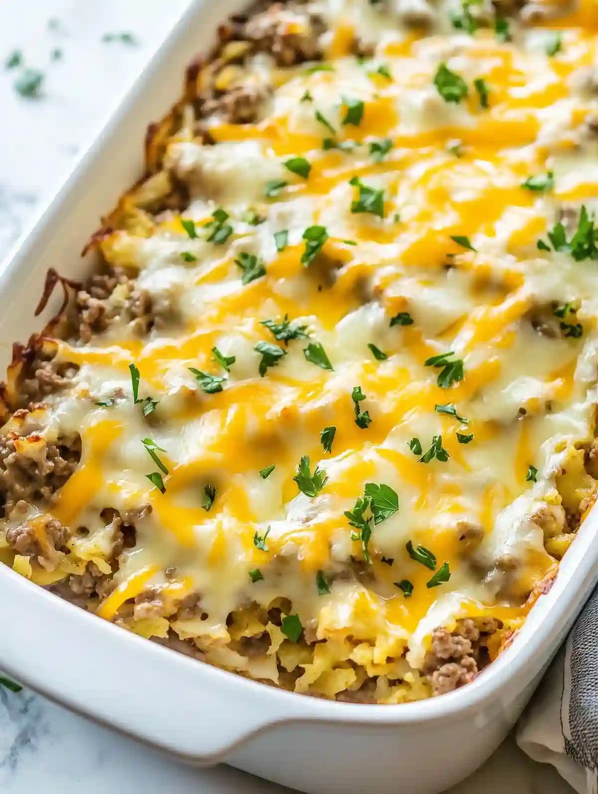 Baked beef and potato casserole with melted cheese, parsley, and crispy edges