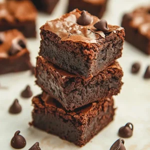 Stack of fudgy chocolate brownies with dark chocolate chips on marble.