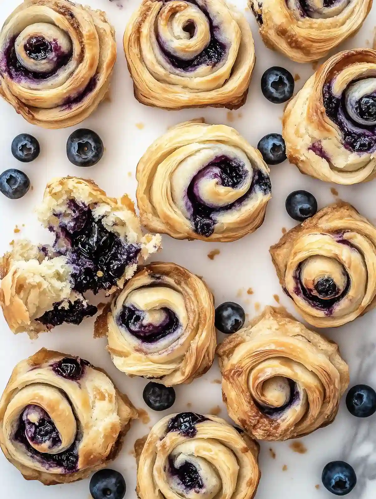 Fresh blueberry cruffins with spiraled layers and blueberry filling on marble surface.