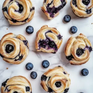 Fresh blueberry cruffins with spiraled layers and blueberry filling on marble