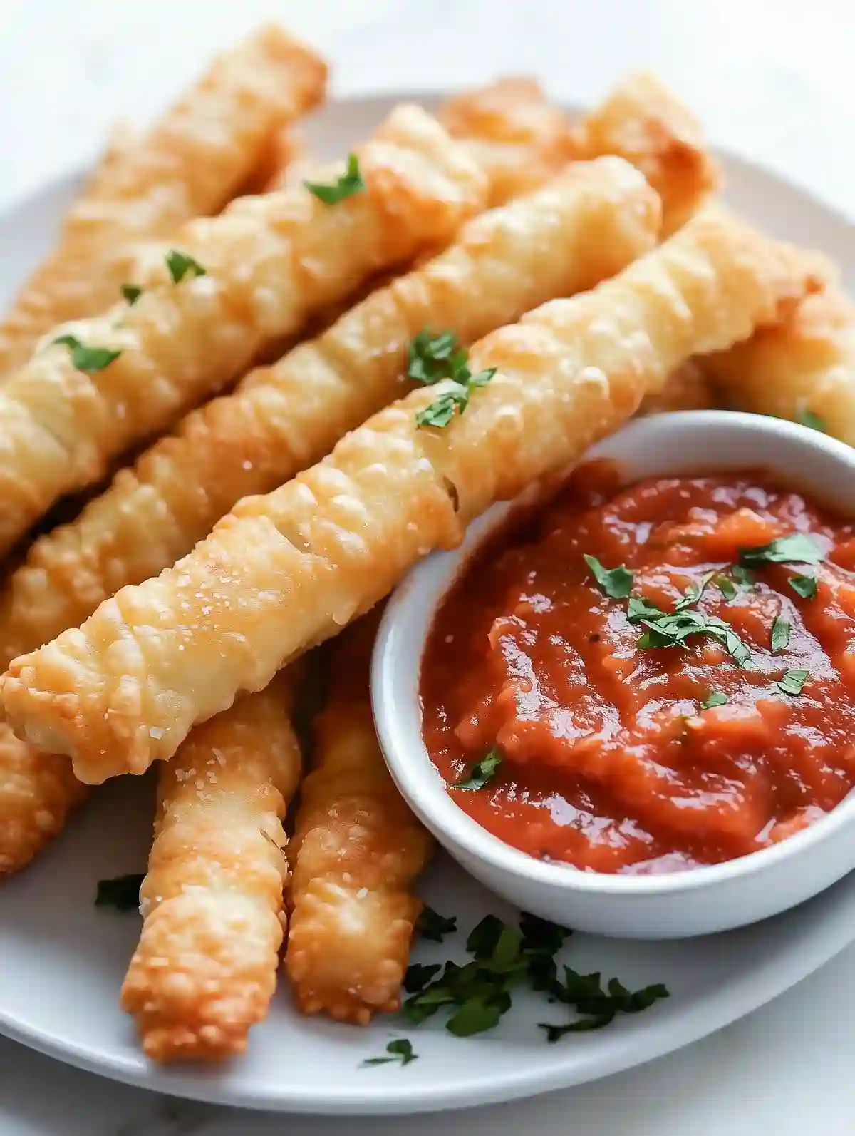Crispy pizza sticks with parsley beside red pizza sauce on marble surface.