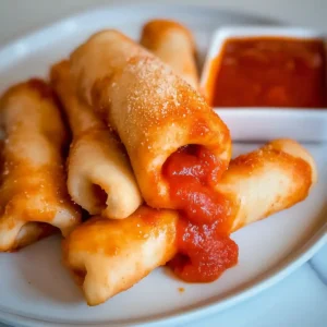 Golden-brown pizza sticks on marble surface with marinara sauce for dipping.