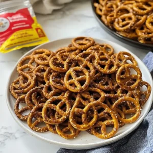 Round white plate piled with golden-brown twisted pretzels and seasoning.