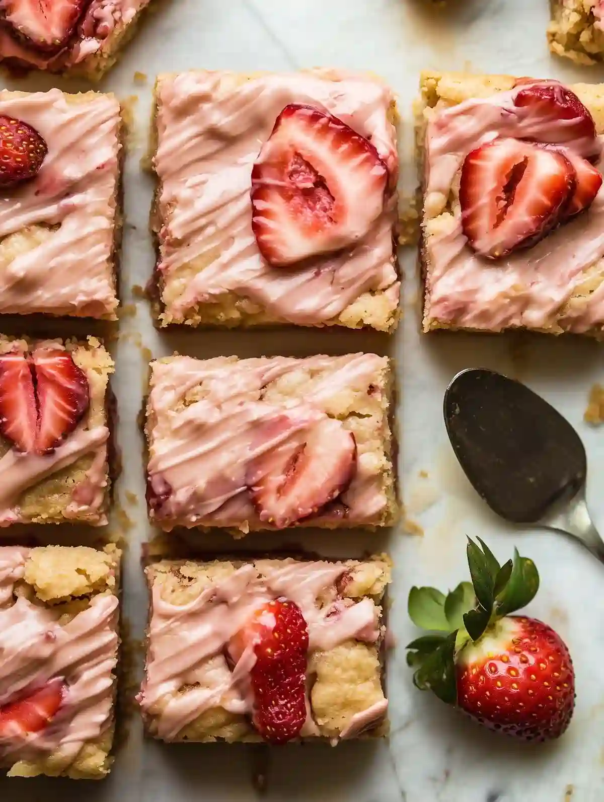 Strawberry blondie squares with pink glaze and sliced strawberries on marble