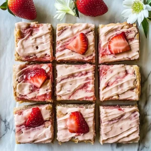Tray of strawberry blondies with pink frosting, strawberries, and a white flower