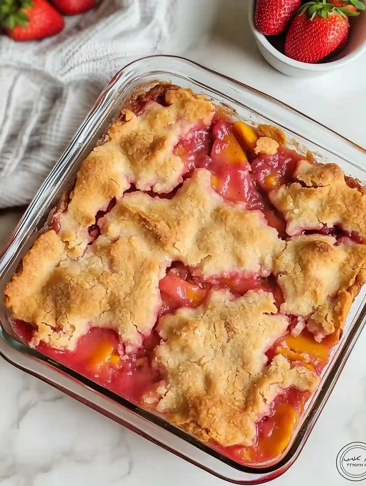 Golden-brown strawberry peach cobbler in a glass dish with fresh strawberries nearby
