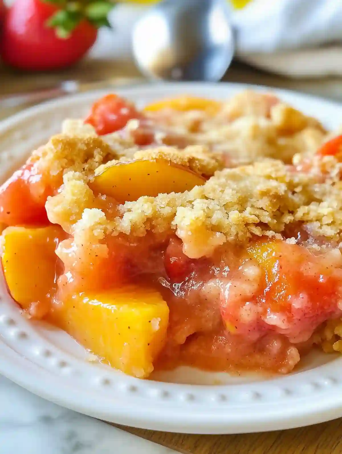 Strawberry peach cobbler with crumble topping on a white plate, marble surface
