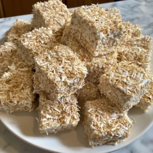 Toasted coconut marshmallows on a white plate with a marble background