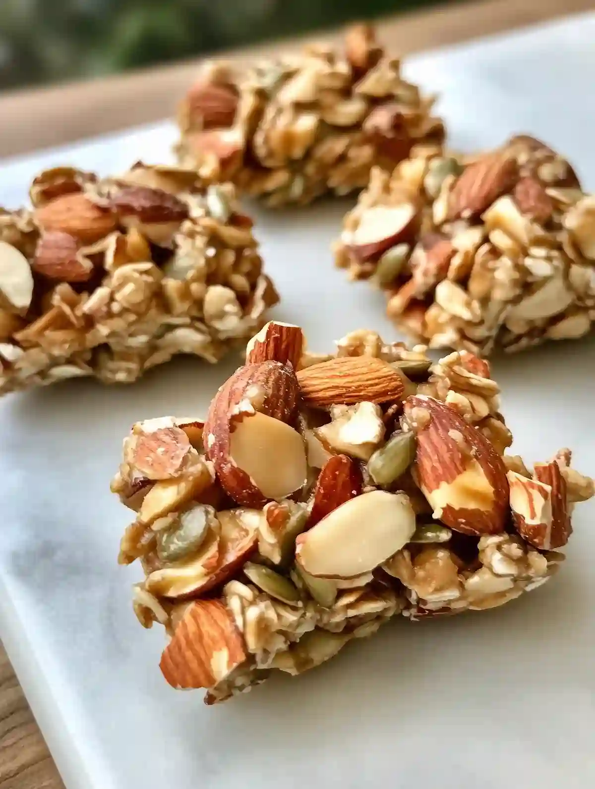 Four clusters of nut and seed snack bars on marble surface