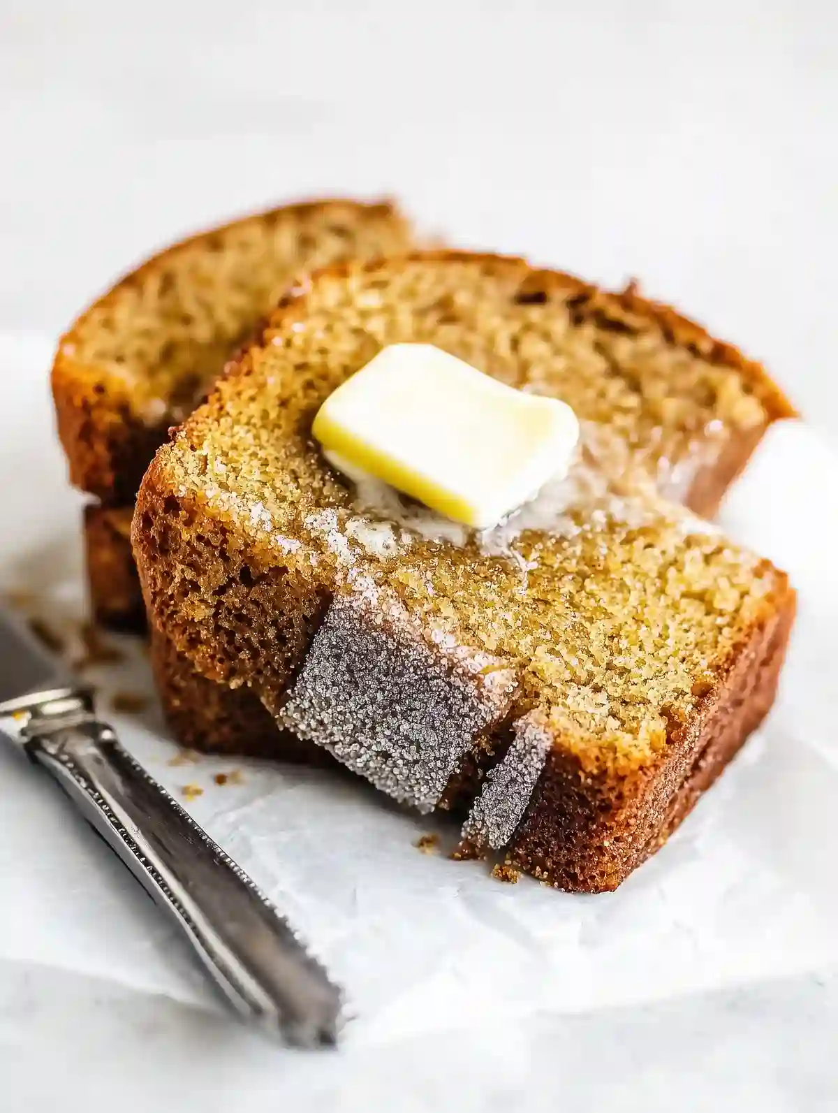 Two slices of cinnamon bread with melting butter, on parchment paper.