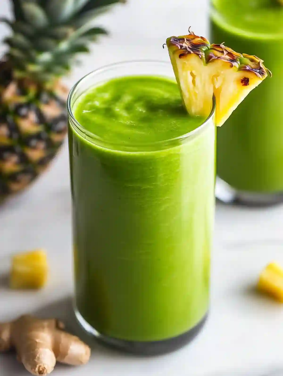 Tall glass of island green detox smoothie with pineapple garnish on marble surface