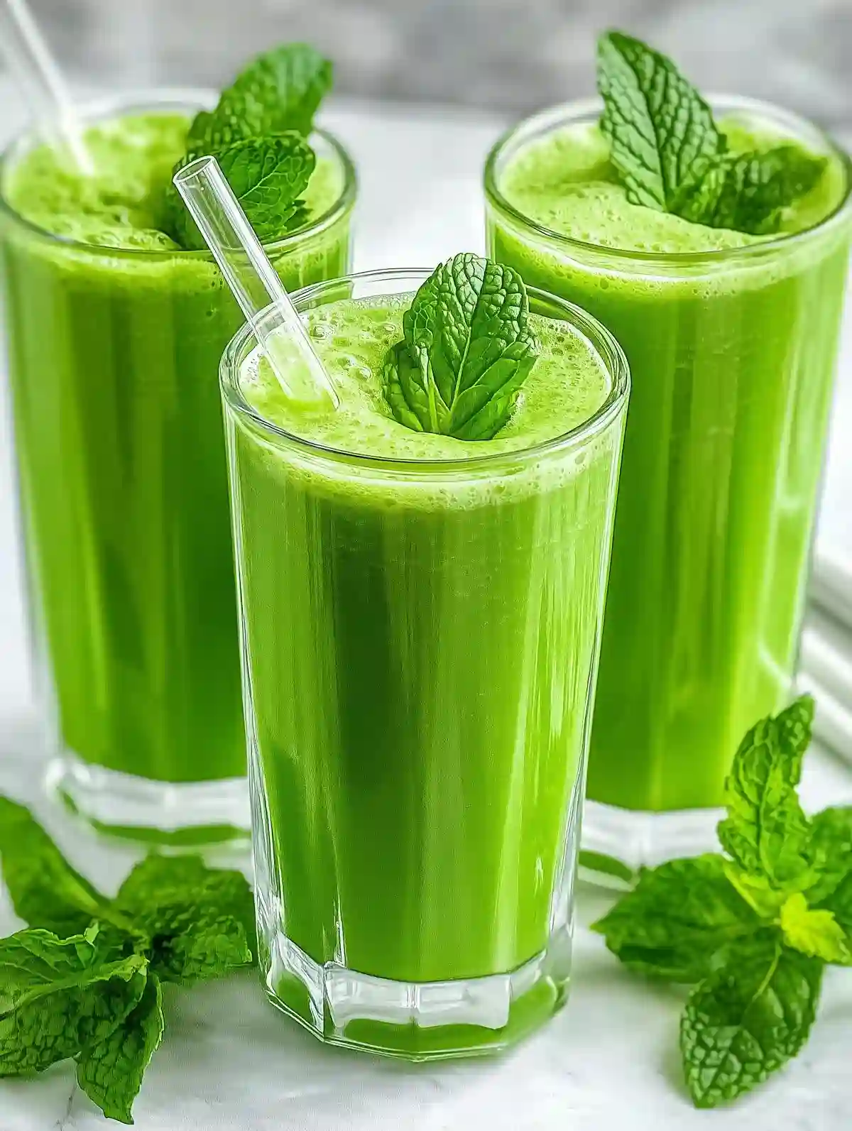Three tall glasses of tropical smoothie cafe copycat smoothie with mint leaves on marble surface