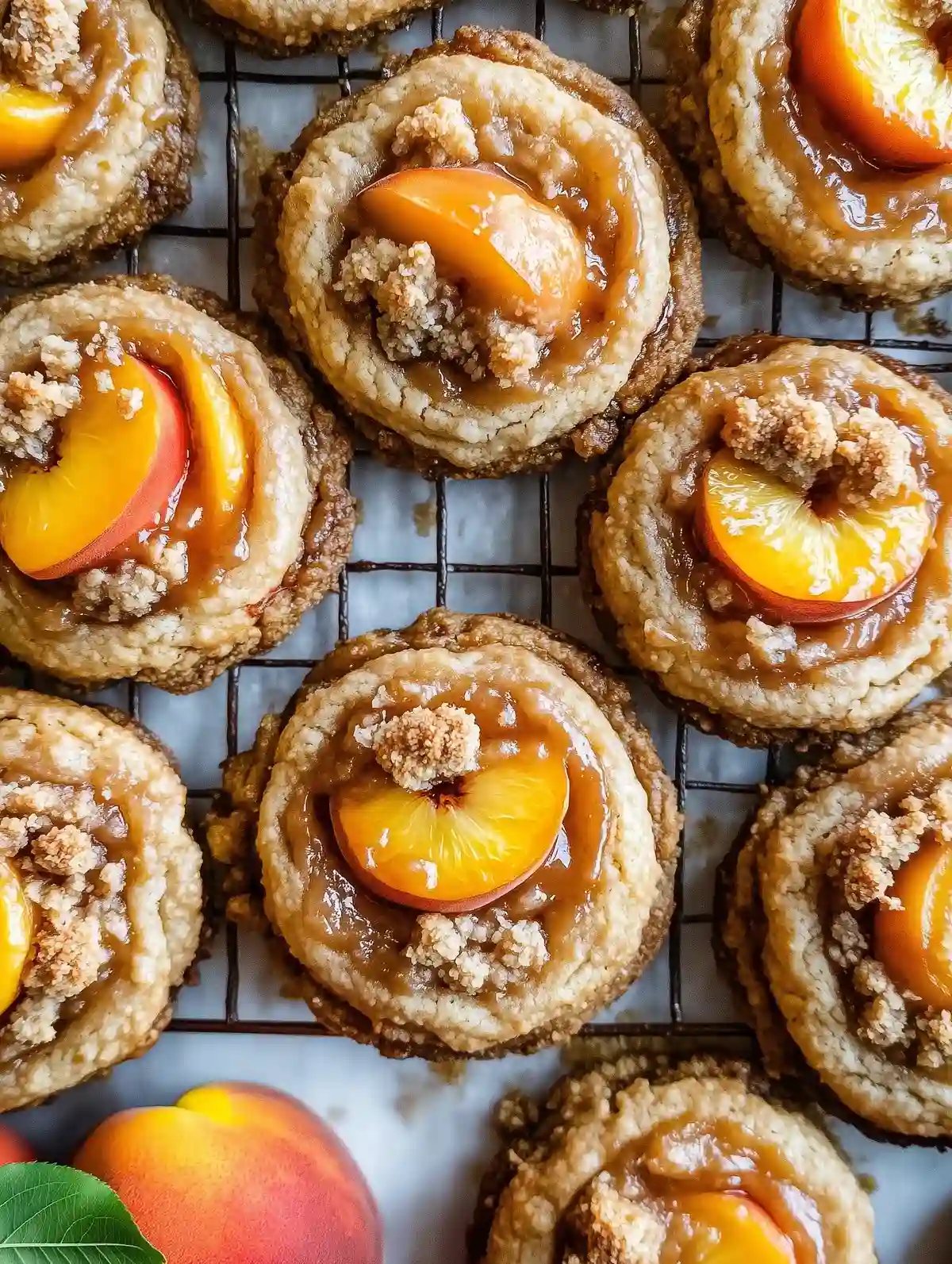 Golden peach cobbler cookies with peach filling and crumbled topping on marble.