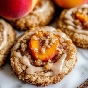 Golden-brown peach cobbler cookies with crumbly topping and peach filling