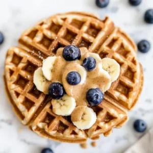 Golden-brown peanut butter waffles topped with bananas and blueberries on marble
