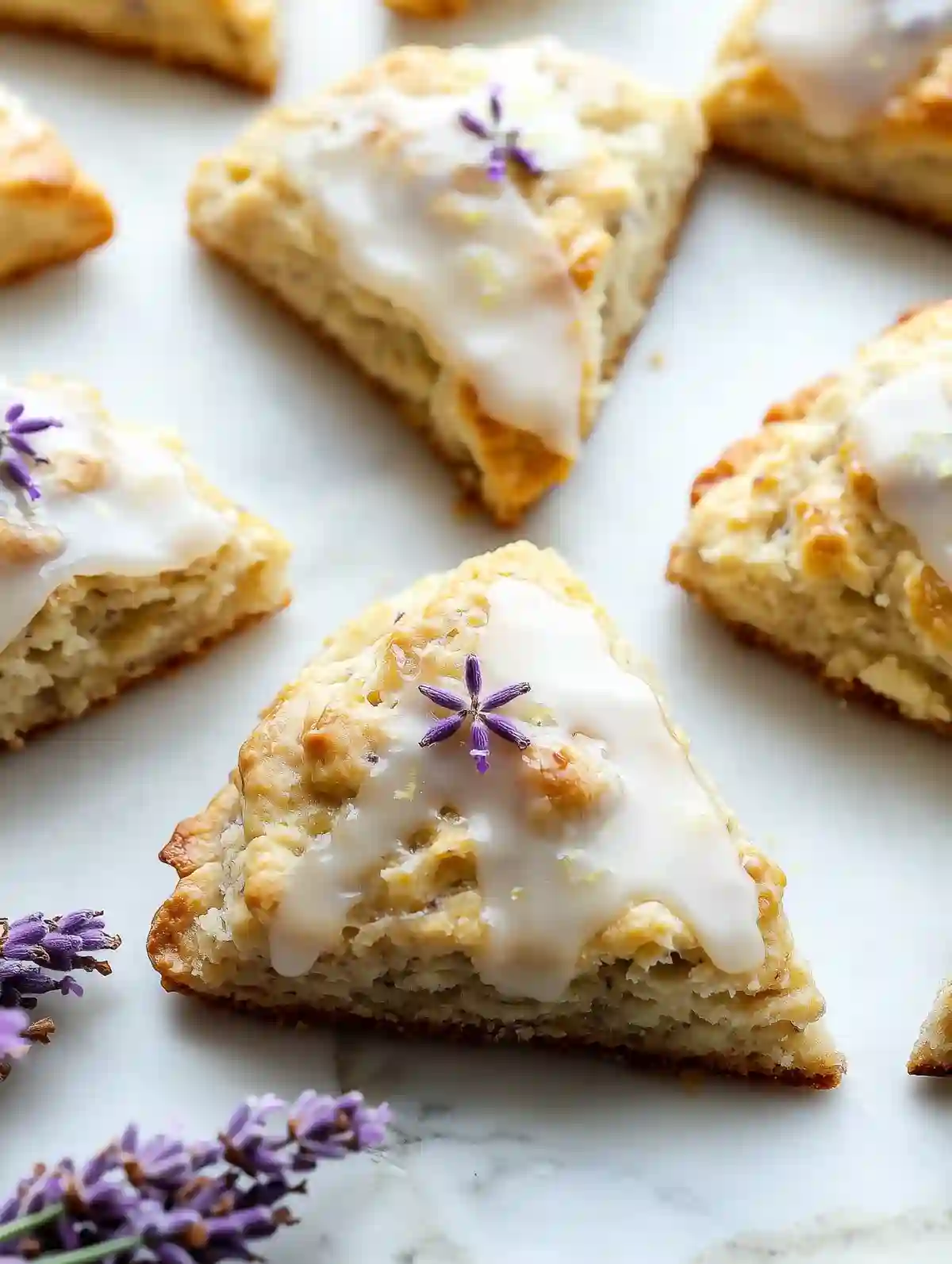 Triangular lemon lavender scones with glaze and dried lavender on marble