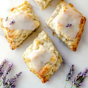 Triangular lemon lavender scones with glaze and lavender sprigs on marble