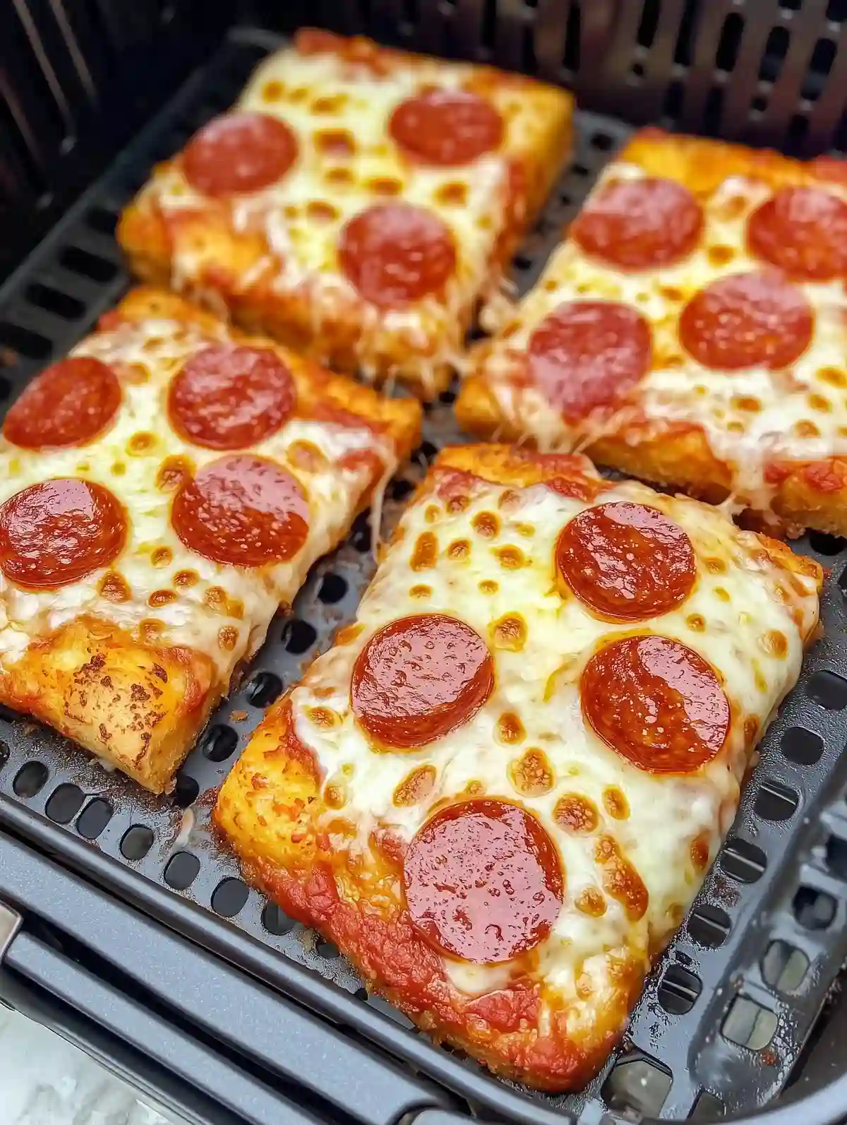 Four rectangular French bread pizza slices with cheese and pepperoni in air fryer