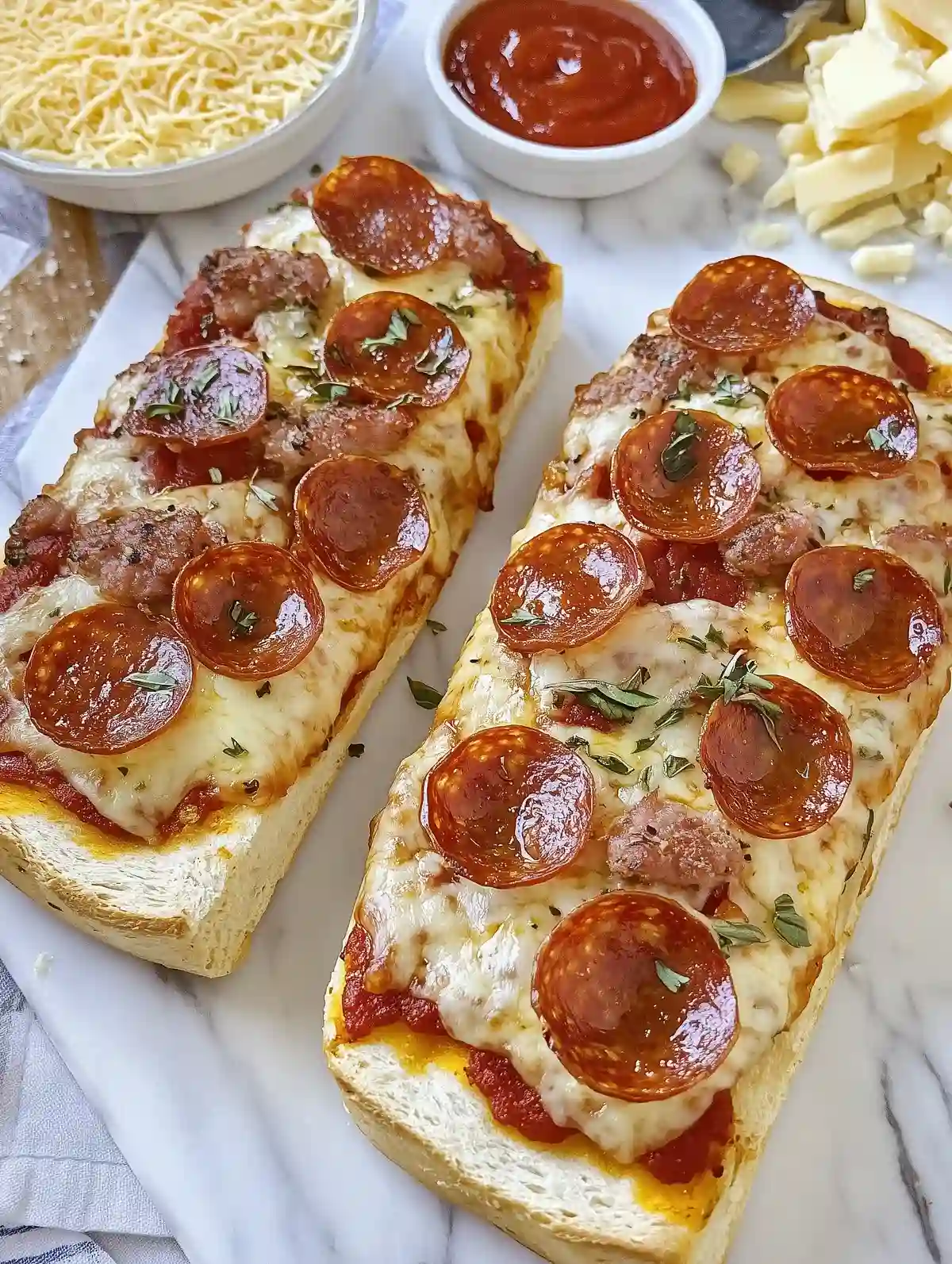 Two rectangular French bread pizzas with cheese, pepperoni, herbs, and marinara
