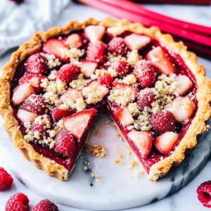 Rhubarb and strawberry tart with almond crust, streusel topping, and berries