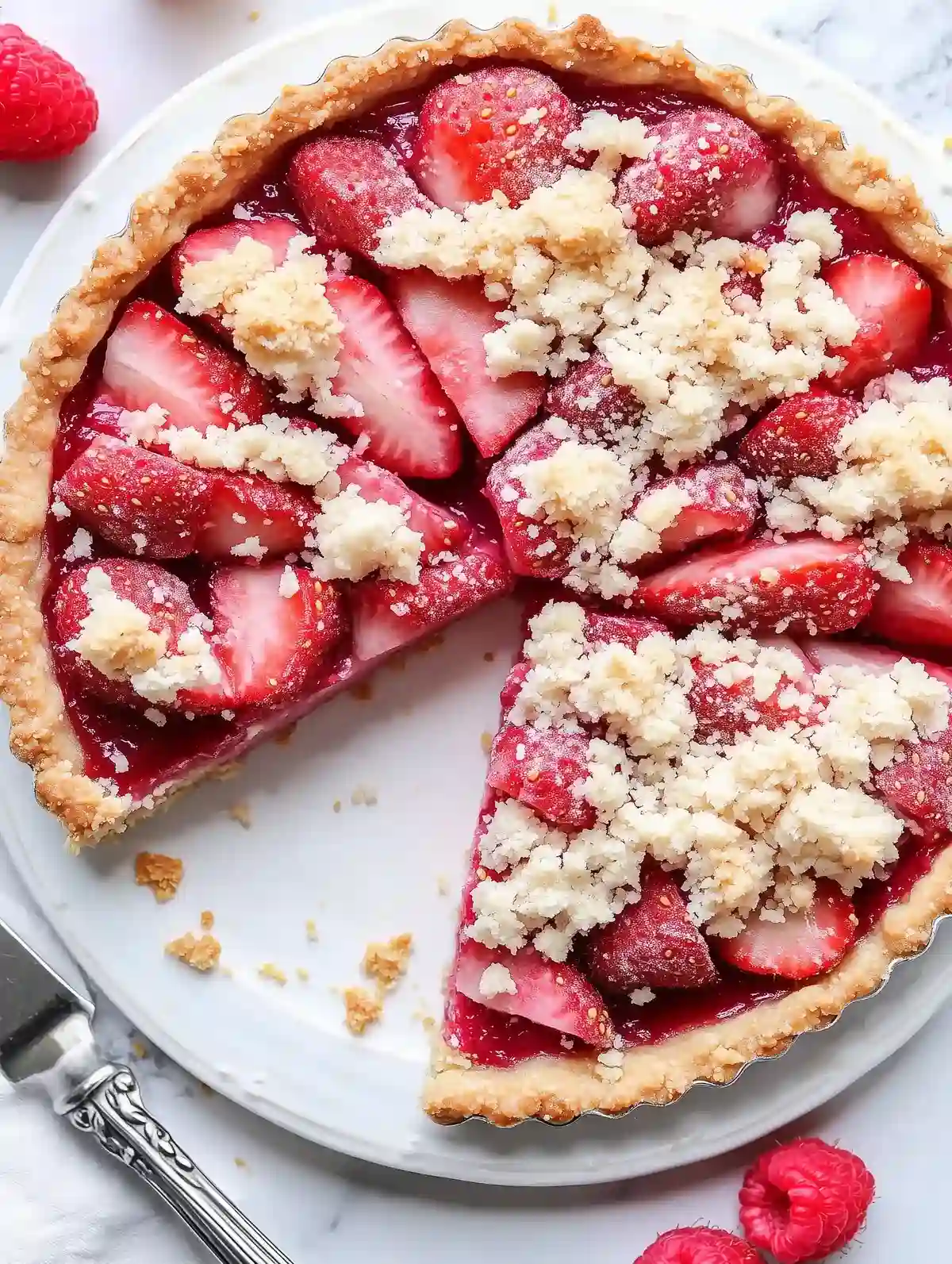 Slices of strawberry-rhubarb tart with crumb topping on a white plate, garnished with raspberries.
