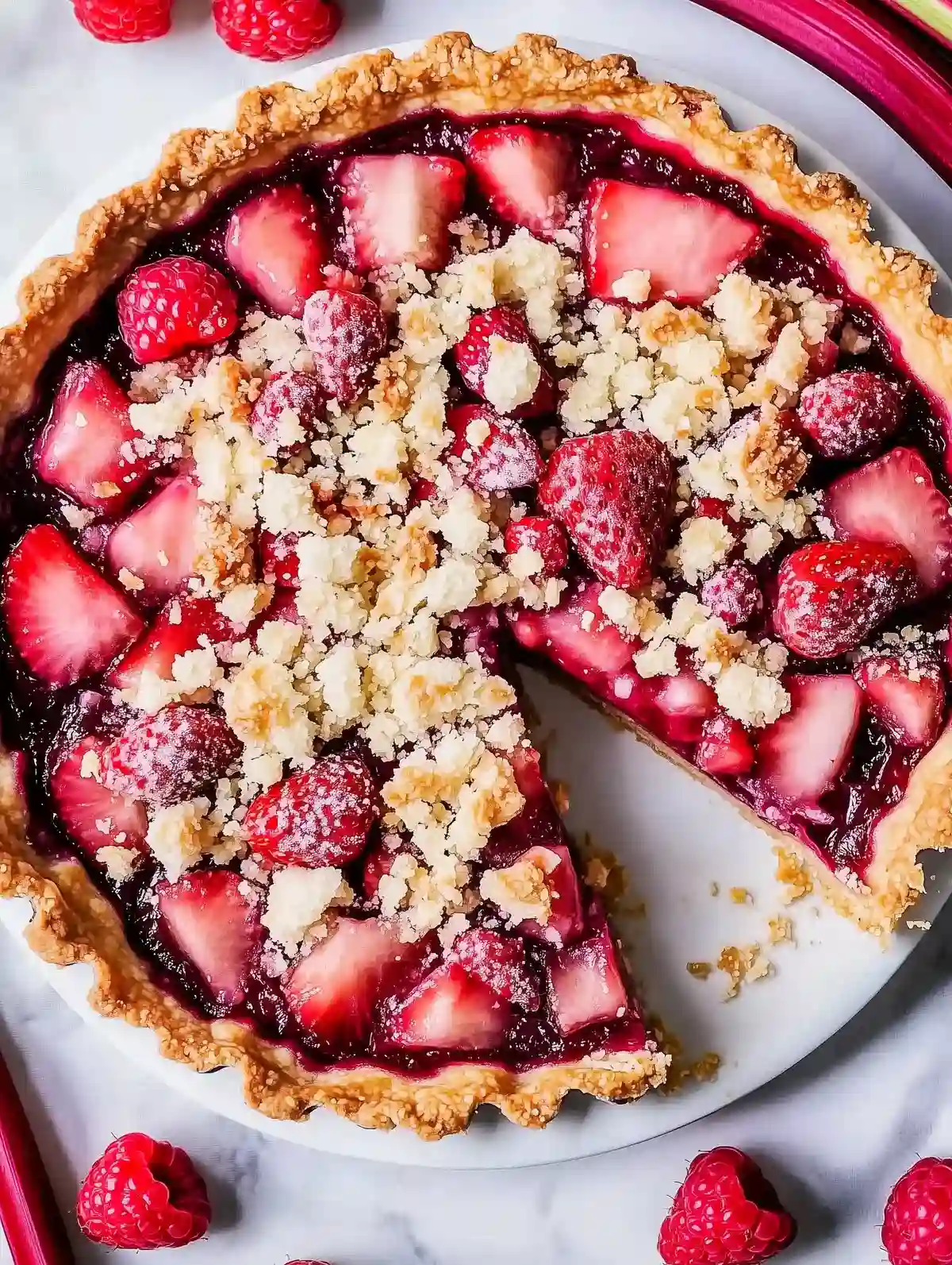 Rhubarb and strawberry tart with almond crust, topped with streusel, garnished with raspberries and sliced rhubarb on marble surface