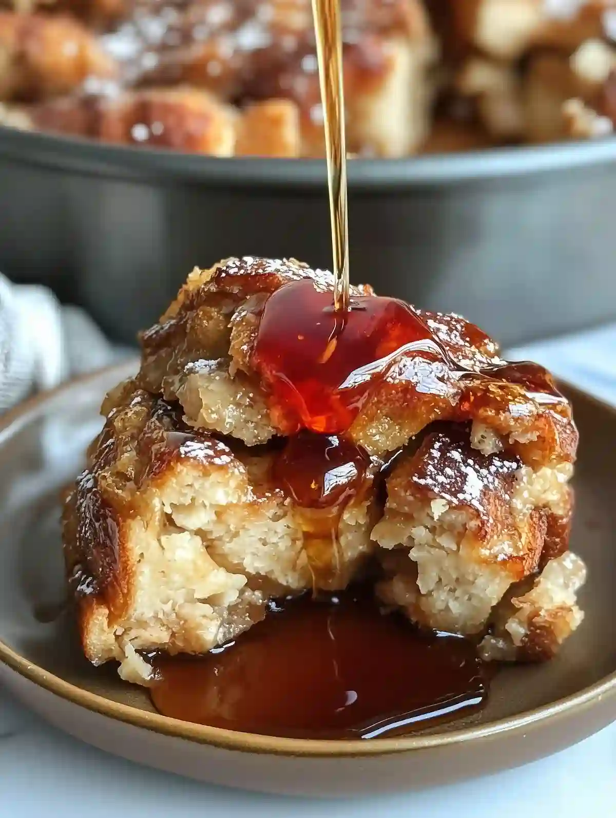 Golden-brown French toast casserole with syrup on a brown plate, with remaining dish nearby.