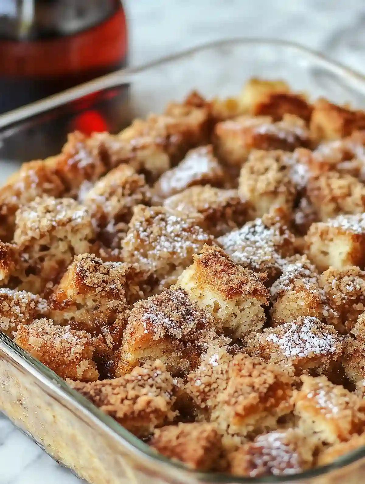 Golden-brown sourdough French toast casserole with granola streusel and powdered sugar