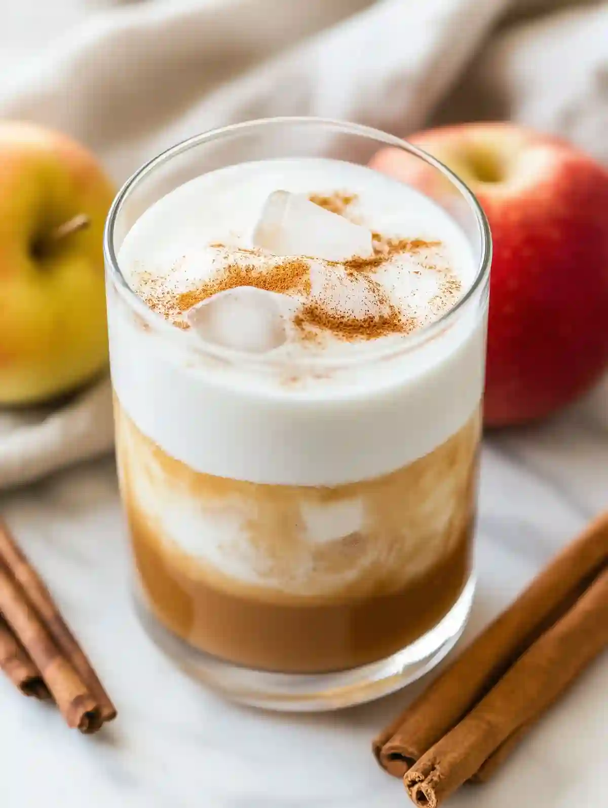 starbucks apple crisp chai - Glass of iced brown beverage with frothy milk, cinnamon dust, apples, and cinnamon sticks