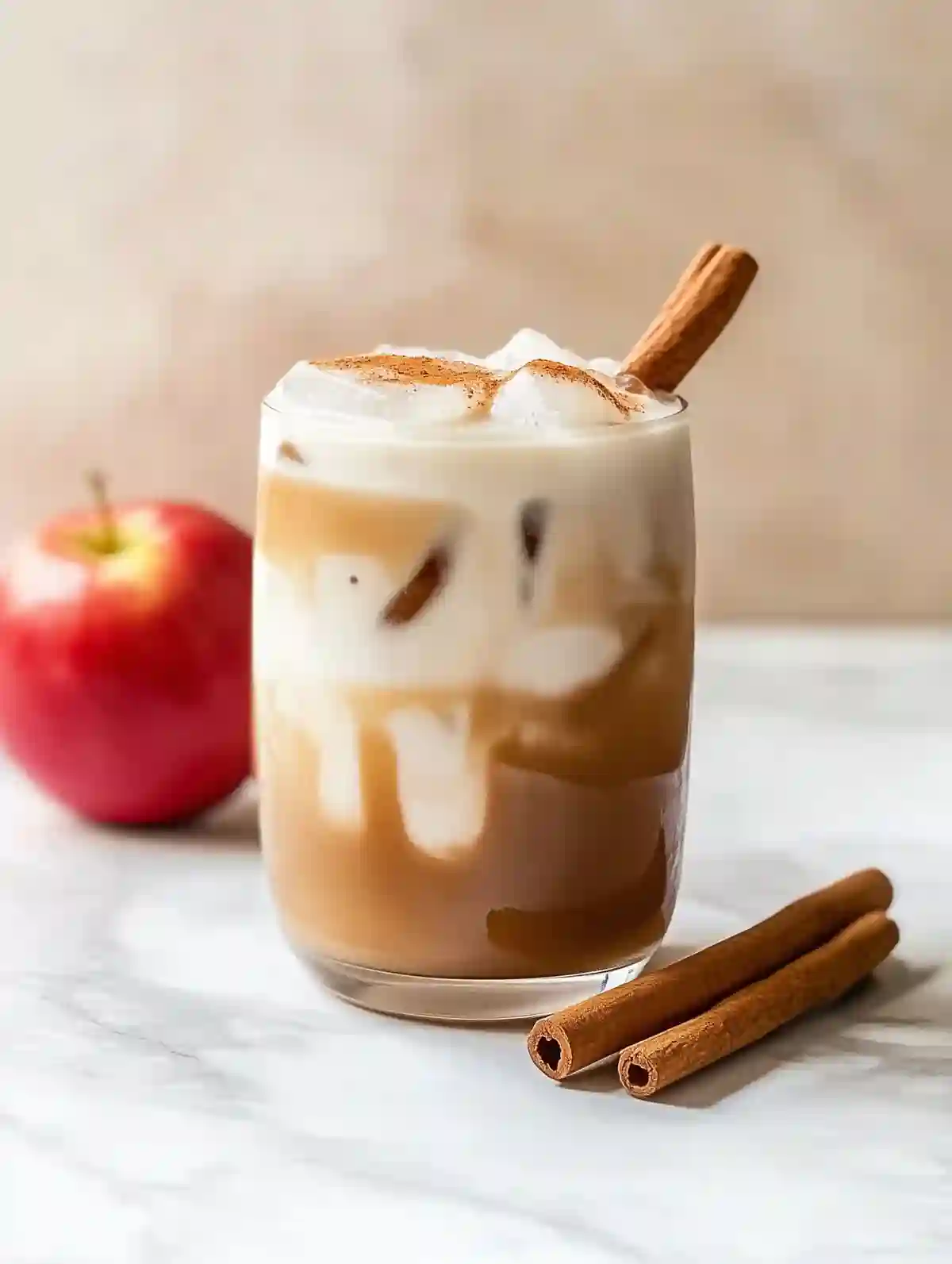 starbucks apple crisp chai: Iced chai with frothy top, cinnamon sticks, apples, on marble surface