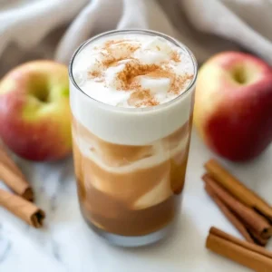 Glass of iced brown drink with frothy milk, cinnamon dust, apples, and cinnamon sticks