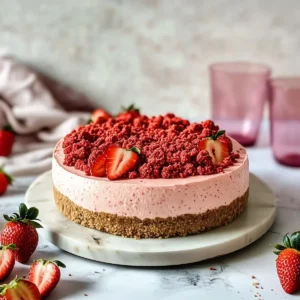 Strawberry crunch cheesecake with fresh strawberries on marble surface
