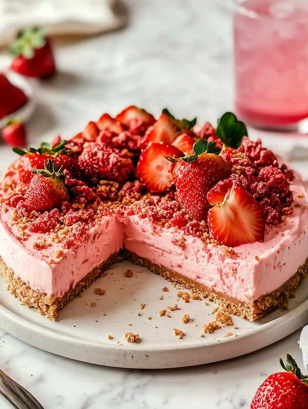 Cheesecake with pink filling, strawberries, and crunchy topping on a ceramic plate