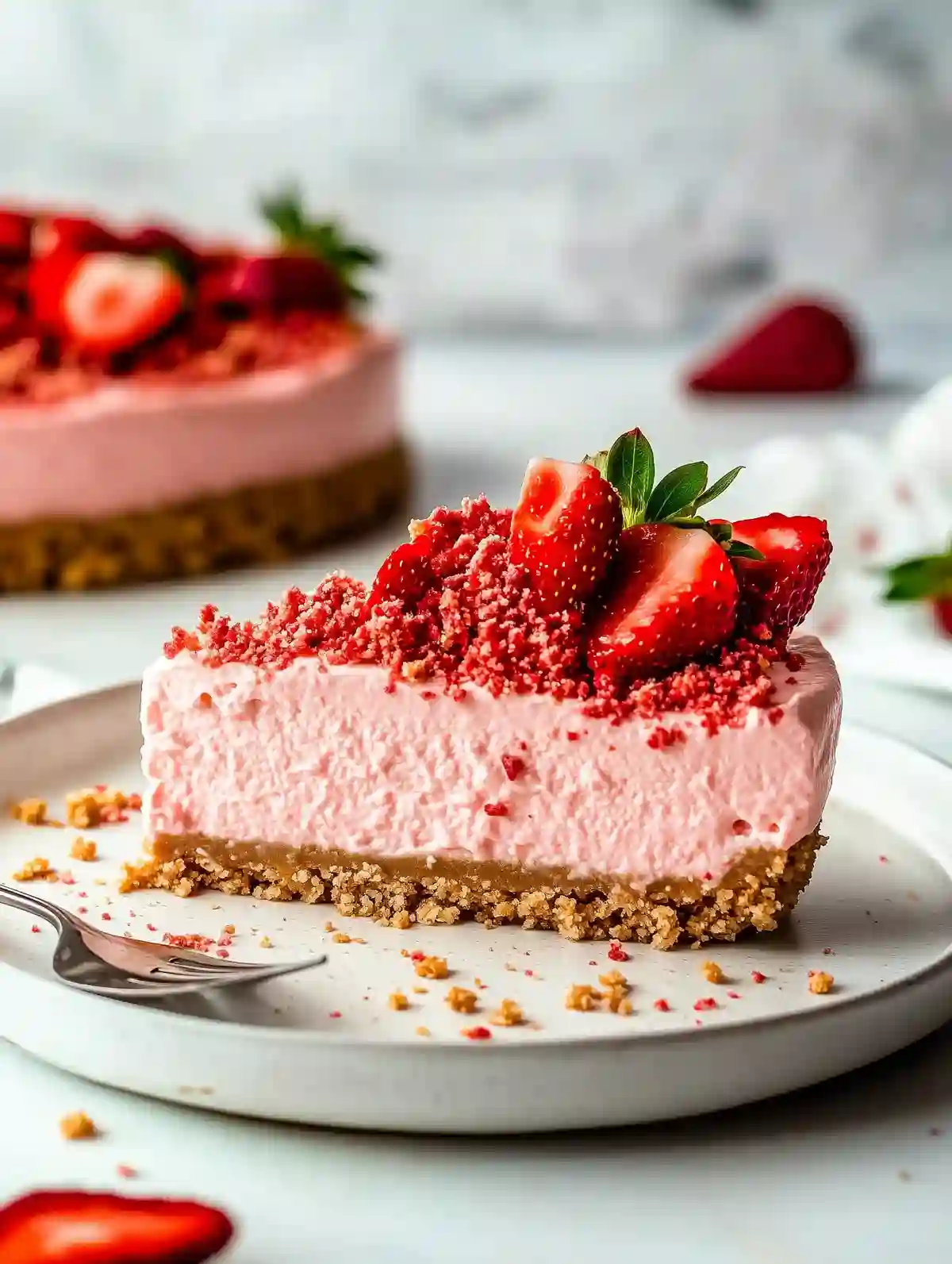 Slice of strawberry cheesecake with pink filling, strawberry flakes, and slices